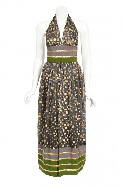 1979 Lanvin Couture Metallic Polka-Dot Charcoal Silk Lamé Halter Dress