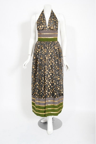 1979 Lanvin Couture Metallic Polka-Dot Charcoal Silk Lamé Halter Dress