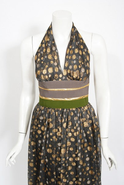 1979 Lanvin Couture Metallic Polka-Dot Charcoal Silk Lamé Halter Dress
