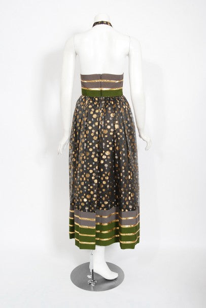 1979 Lanvin Couture Metallic Polka-Dot Charcoal Silk Lamé Halter Dress