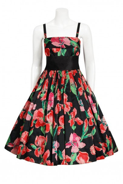 1954 Traina-Norell Couture Watercolor Iris Floral Print Satin Dress