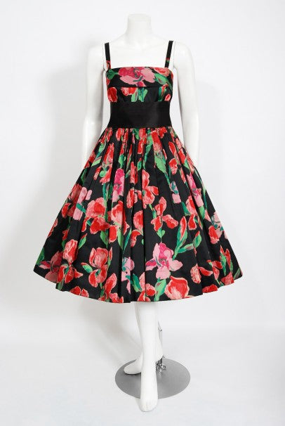 1954 Traina-Norell Couture Watercolor Iris Floral Print Satin Dress
