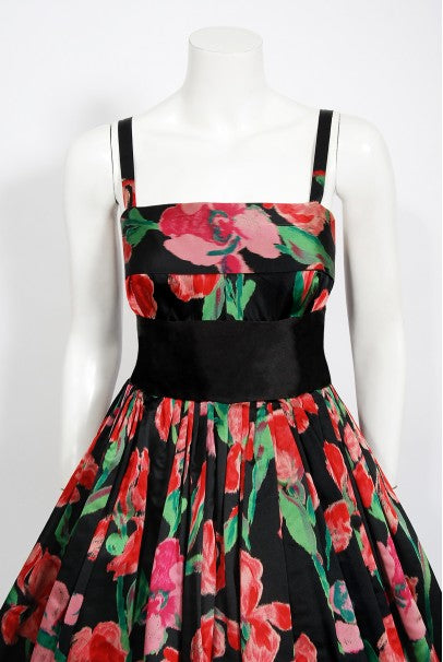 1954 Traina-Norell Couture Watercolor Iris Floral Print Satin Dress