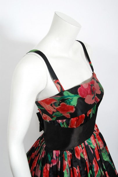 1954 Traina-Norell Couture Watercolor Iris Floral Print Satin Dress