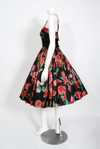 1954 Traina-Norell Couture Watercolor Iris Floral Print Satin Dress