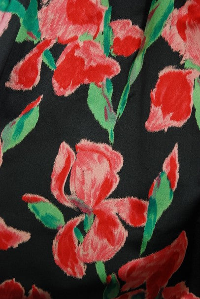 1954 Traina-Norell Couture Watercolor Iris Floral Print Satin Dress