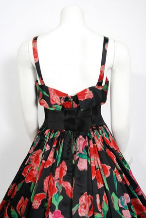 1954 Traina-Norell Couture Watercolor Iris Floral Print Satin Dress