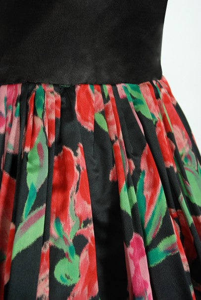 1954 Traina-Norell Couture Watercolor Iris Floral Print Satin Dress