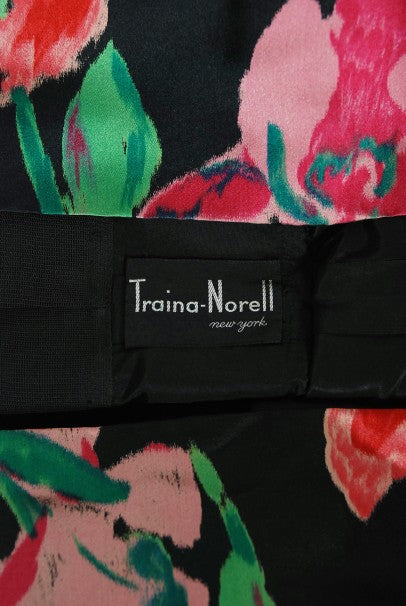 1954 Traina-Norell Couture Watercolor Iris Floral Print Satin Dress