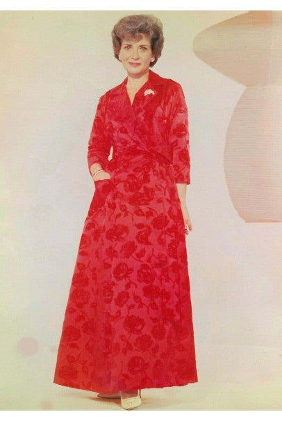 1962 Juel Park of Beverly Hills Red Roses Flocked Satin Dressing Gown