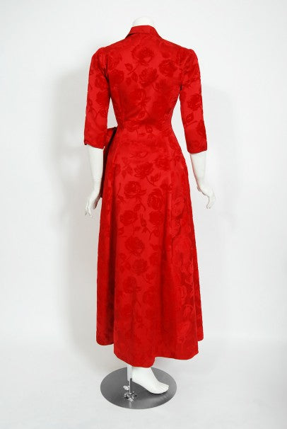 1962 Juel Park of Beverly Hills Red Roses Flocked Satin Dressing Gown