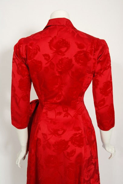 1962 Juel Park of Beverly Hills Red Roses Flocked Satin Dressing Gown
