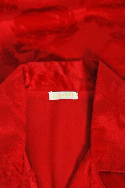 1962 Juel Park of Beverly Hills Red Roses Flocked Satin Dressing Gown