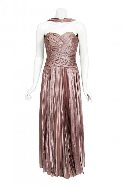 1950&#39;s Marjon Couture Mauve Purple Silk Reverse-Halter Pleated Gown
