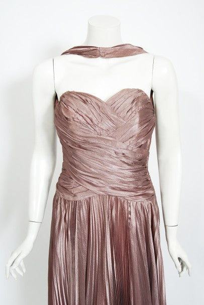 1950&#39;s Marjon Couture Mauve Purple Silk Reverse-Halter Pleated Gown