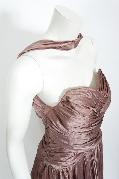 1950&#39;s Marjon Couture Mauve Purple Silk Reverse-Halter Pleated Gown