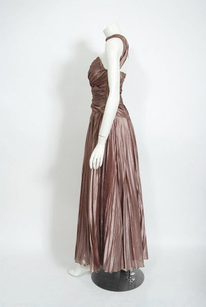 1950&#39;s Marjon Couture Mauve Purple Silk Reverse-Halter Pleated Gown