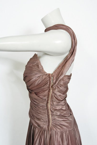 1950&#39;s Marjon Couture Mauve Purple Silk Reverse-Halter Pleated Gown