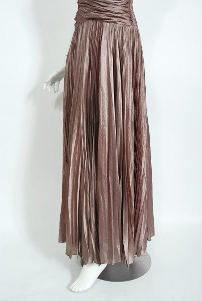 1950&#39;s Marjon Couture Mauve Purple Silk Reverse-Halter Pleated Gown