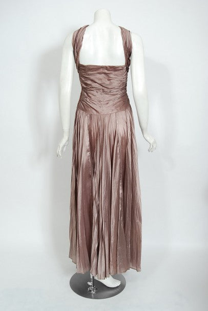 1950&#39;s Marjon Couture Mauve Purple Silk Reverse-Halter Pleated Gown