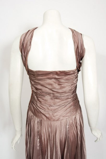 1950&#39;s Marjon Couture Mauve Purple Silk Reverse-Halter Pleated Gown