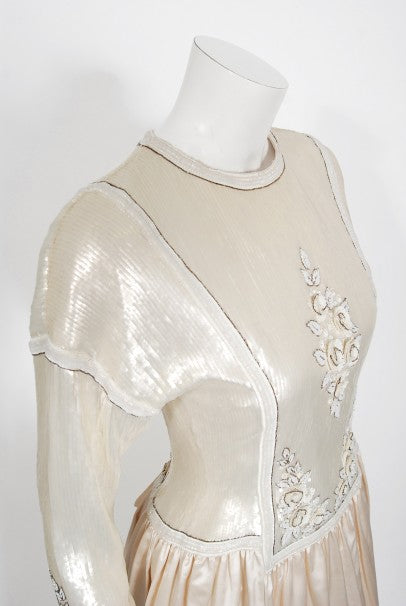 1985 Chanel Haute Couture Lesage Beaded Sequin Ivory Silk Full-Skirt Formal Gown