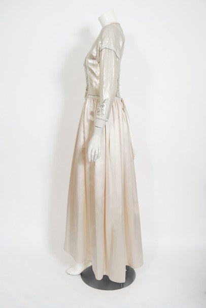 1985 Chanel Haute Couture Lesage Beaded Sequin Ivory Silk Full-Skirt Formal Gown