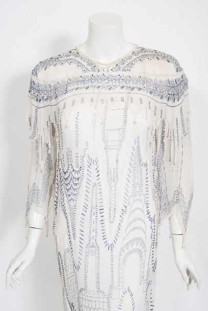 1985 Zandra Rhodes Manhattan City Novelty Hand Painted Ivory Silk Dress