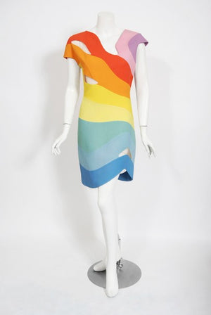 1990 Thierry Mugler Couture Documented Rainbow Bodycon Cut-Out Dress