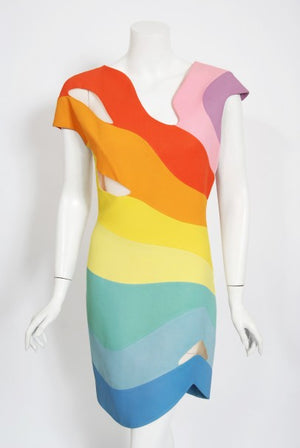 1990 Thierry Mugler Couture Documented Rainbow Bodycon Cut-Out Dress