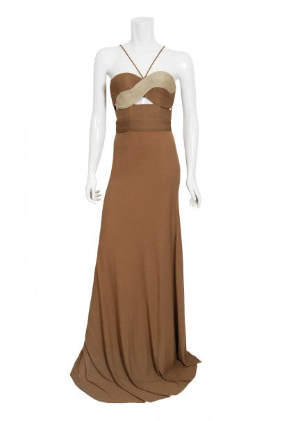 1975 Madame Grès Haute Couture Mocha Pleated Silk Cut-Out Gown