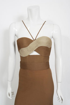 1975 Madame Grès Haute Couture Mocha Pleated Silk Cut-Out Gown