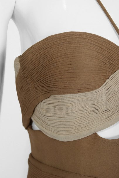 1975 Madame Grès Haute Couture Mocha Pleated Silk Cut-Out Gown