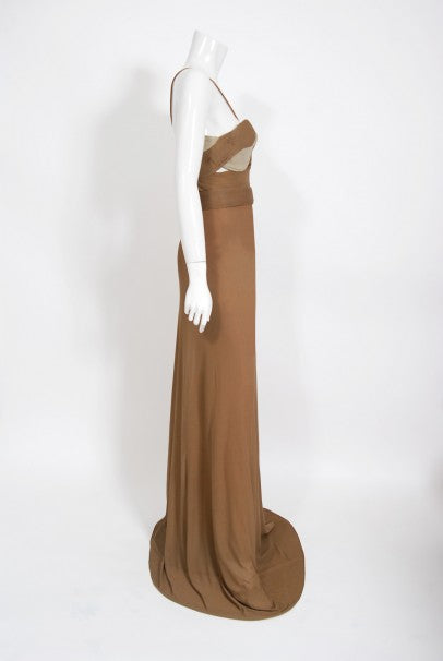 1975 Madame Grès Haute Couture Mocha Pleated Silk Cut-Out Gown