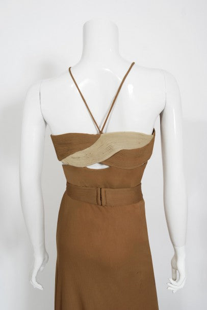 1975 Madame Grès Haute Couture Mocha Pleated Silk Cut-Out Gown