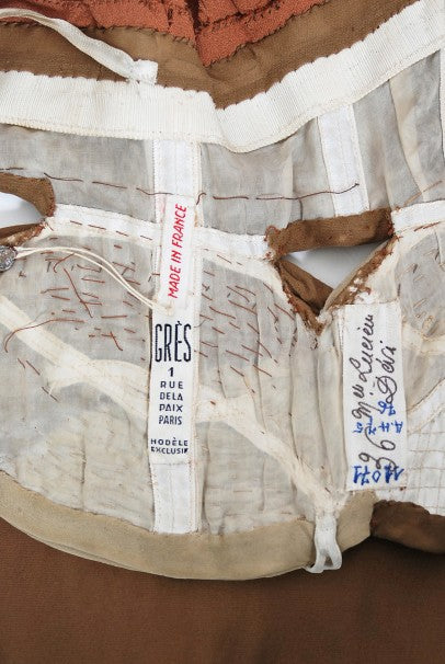 1975 Madame Grès Haute Couture Mocha Pleated Silk Cut-Out Gown