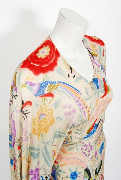 1971 Missoni Couture Floral Bird Print Silk-Jersey Fringe Caftan Gown