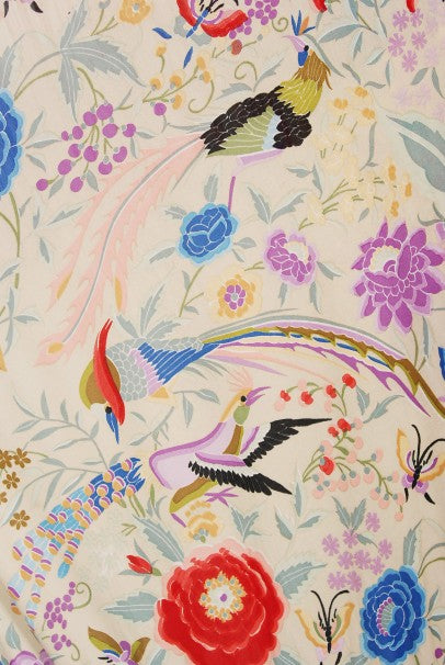 1971 Missoni Couture Floral Bird Print Silk-Jersey Fringe Caftan Gown