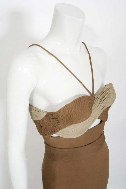 1975 Madame Grès Haute Couture Mocha Pleated Silk Cut-Out Gown
