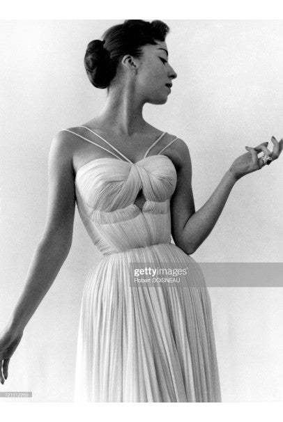 1975 Madame Grès Haute Couture Mocha Pleated Silk Cut-Out Gown