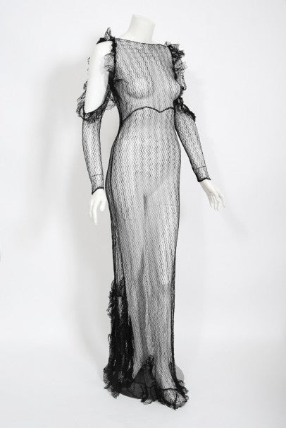 1930's Sheer Black Lace Cut-Out Long Sleeve Bias-Cut Backless Gown