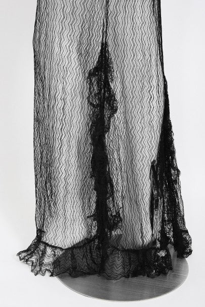 1930&#39;s Sheer Black Lace Cut-Out Long Sleeve Bias-Cut Backless Gown