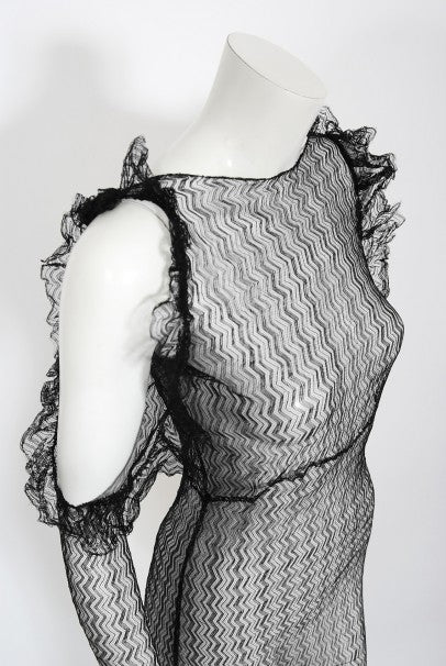 1930&#39;s Sheer Black Lace Cut-Out Long Sleeve Bias-Cut Backless Gown