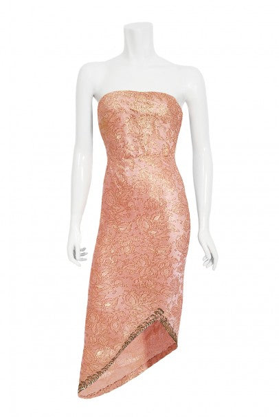 1965 Balenciaga Haute Couture Metallic Pink Beaded Silk Strapless Dress