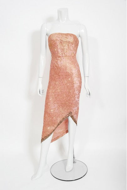1965 Balenciaga Haute Couture Metallic Pink Beaded Silk Strapless Dress