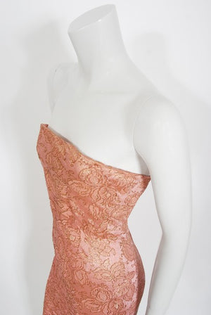 1965 Balenciaga Haute Couture Metallic Pink Beaded Silk Strapless Dress