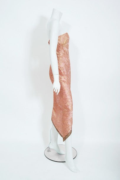1965 Balenciaga Haute Couture Metallic Pink Beaded Silk Strapless Dress