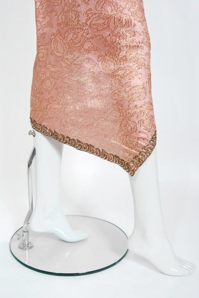 1965 Balenciaga Haute Couture Metallic Pink Beaded Silk Strapless Dress