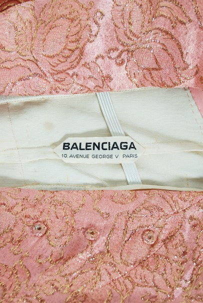 1965 Balenciaga Haute Couture Metallic Pink Beaded Silk Strapless Dress