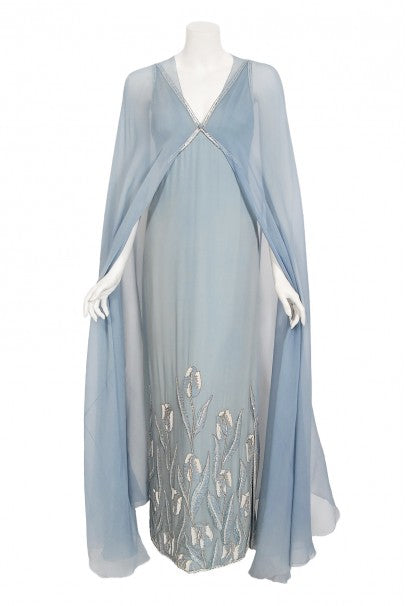 1981 Chanel Haute Couture Light Blue Floral Beaded Chiffon Gown & Cape